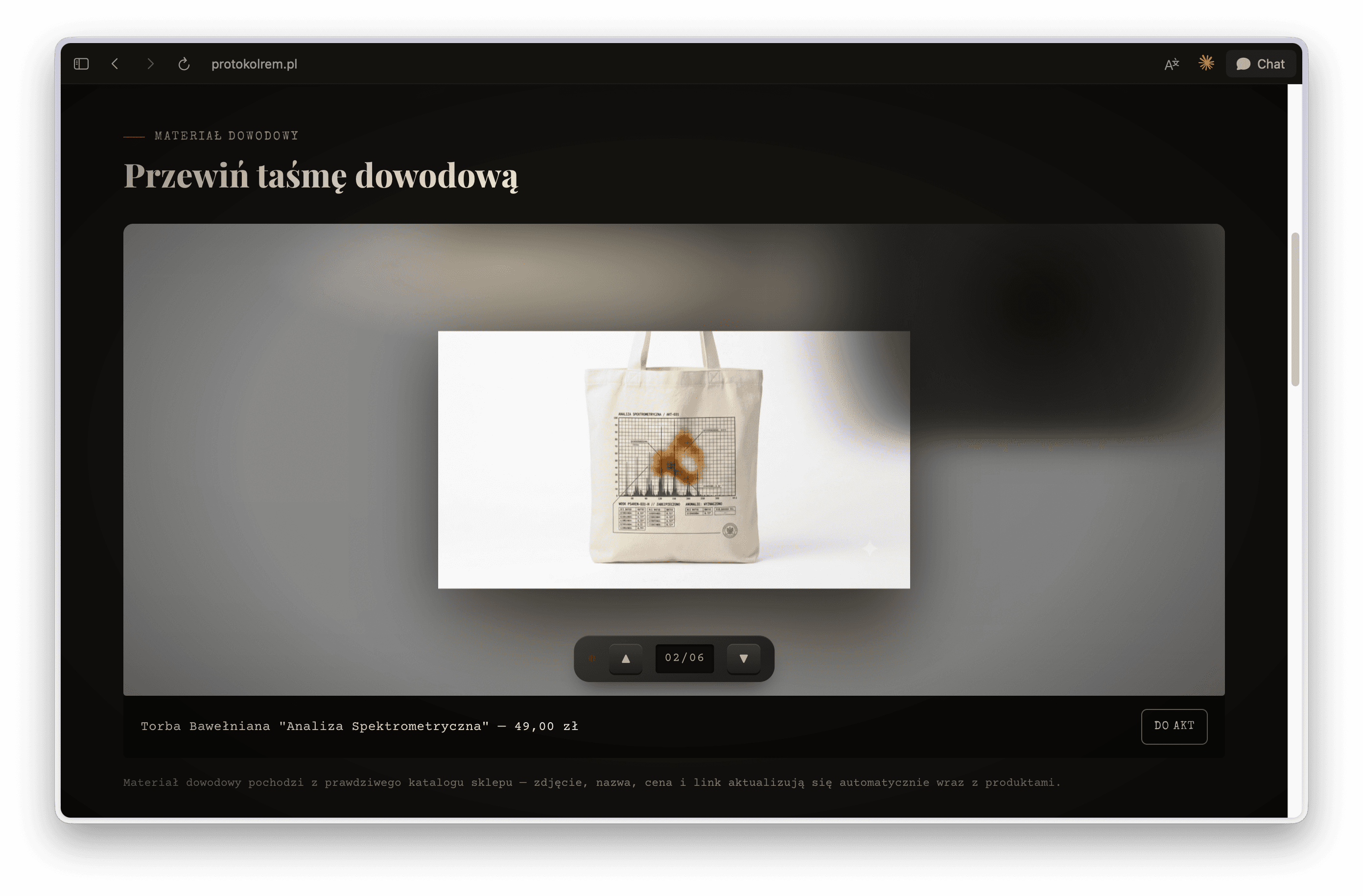 The 'evidence tape' homepage carousel, driven live by the real product catalog