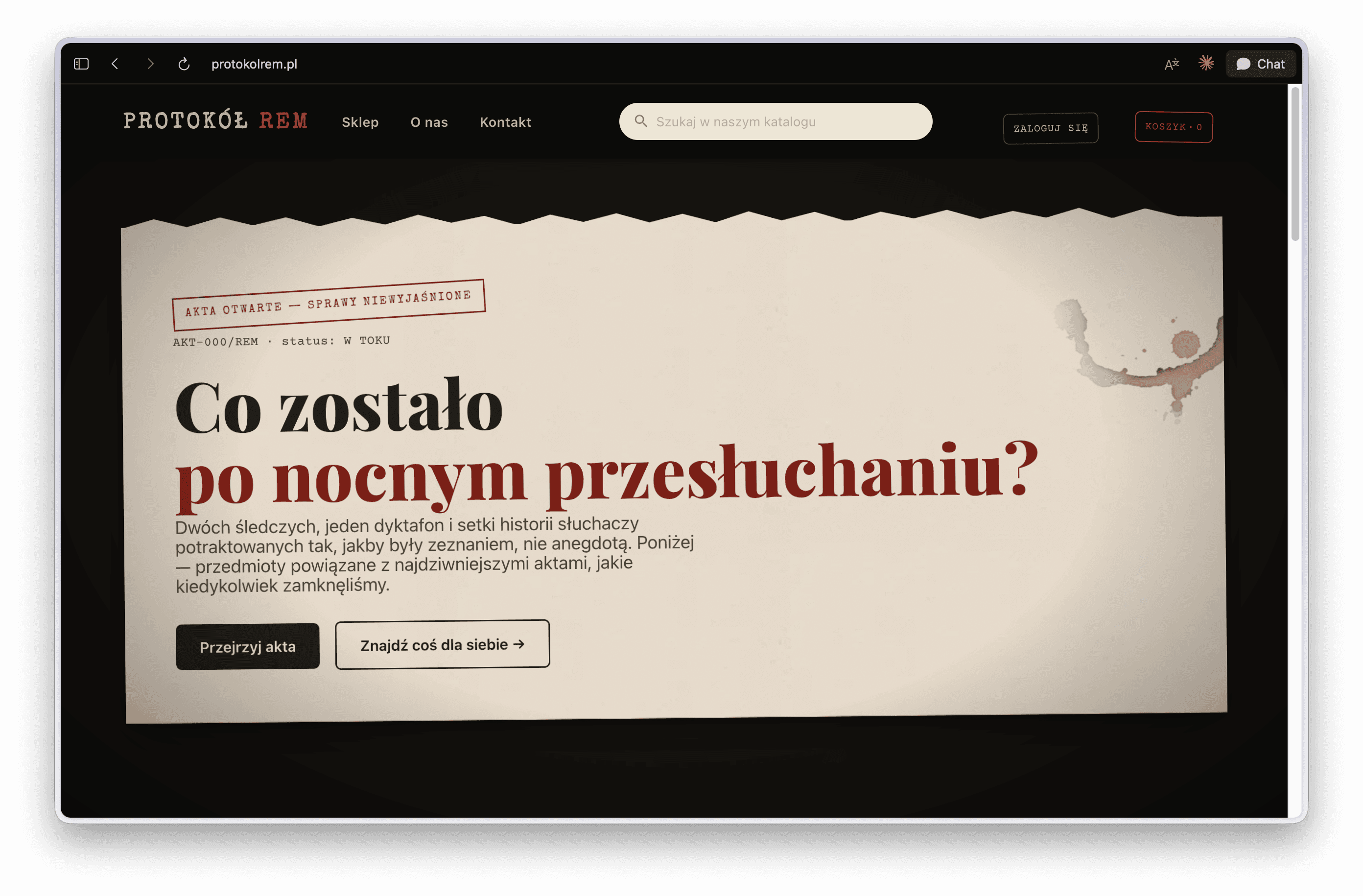 Protokół REM homepage — header styled as a torn case-file page