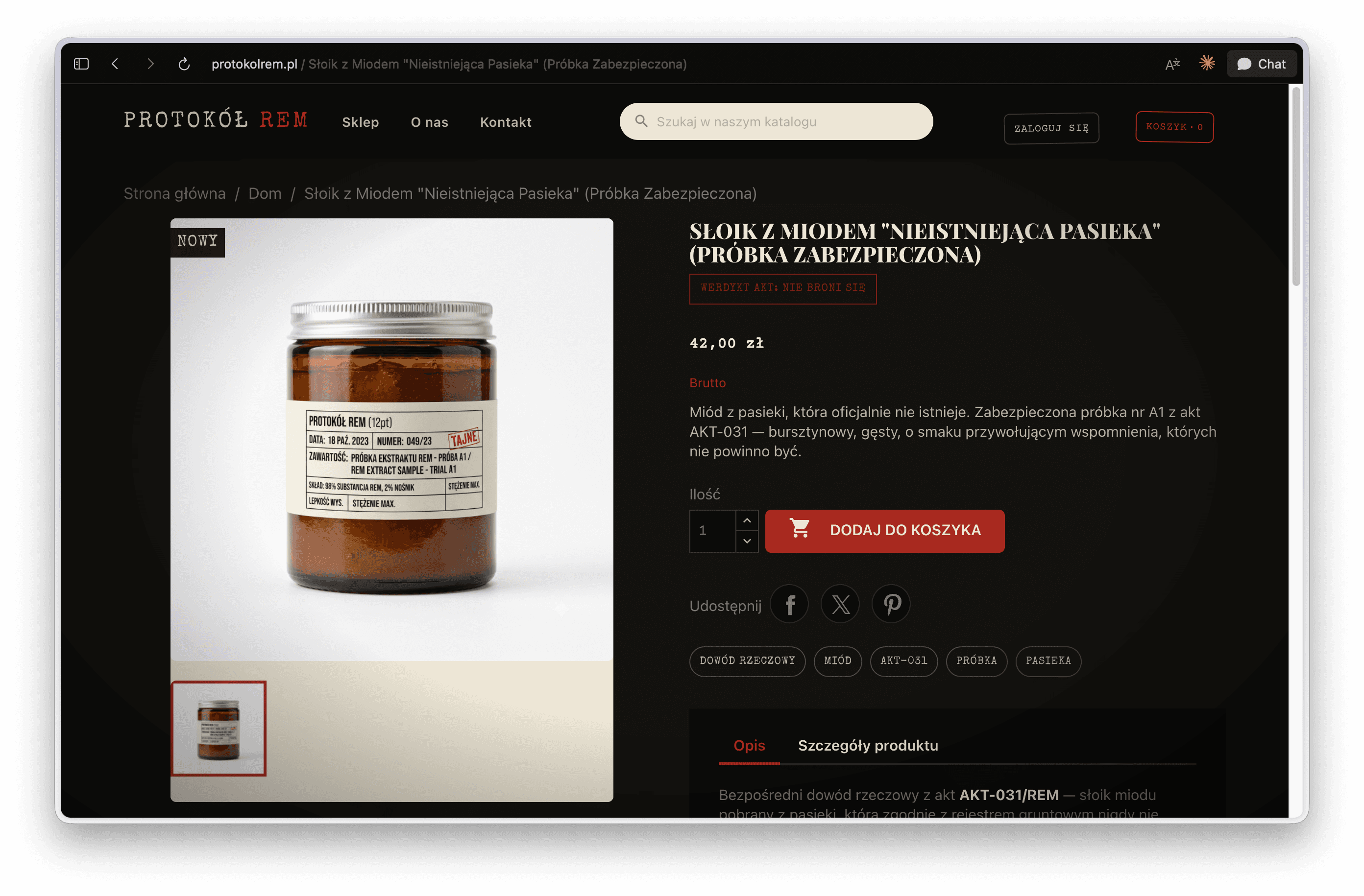 Product page — a honey jar framed as a secured evidence sample
