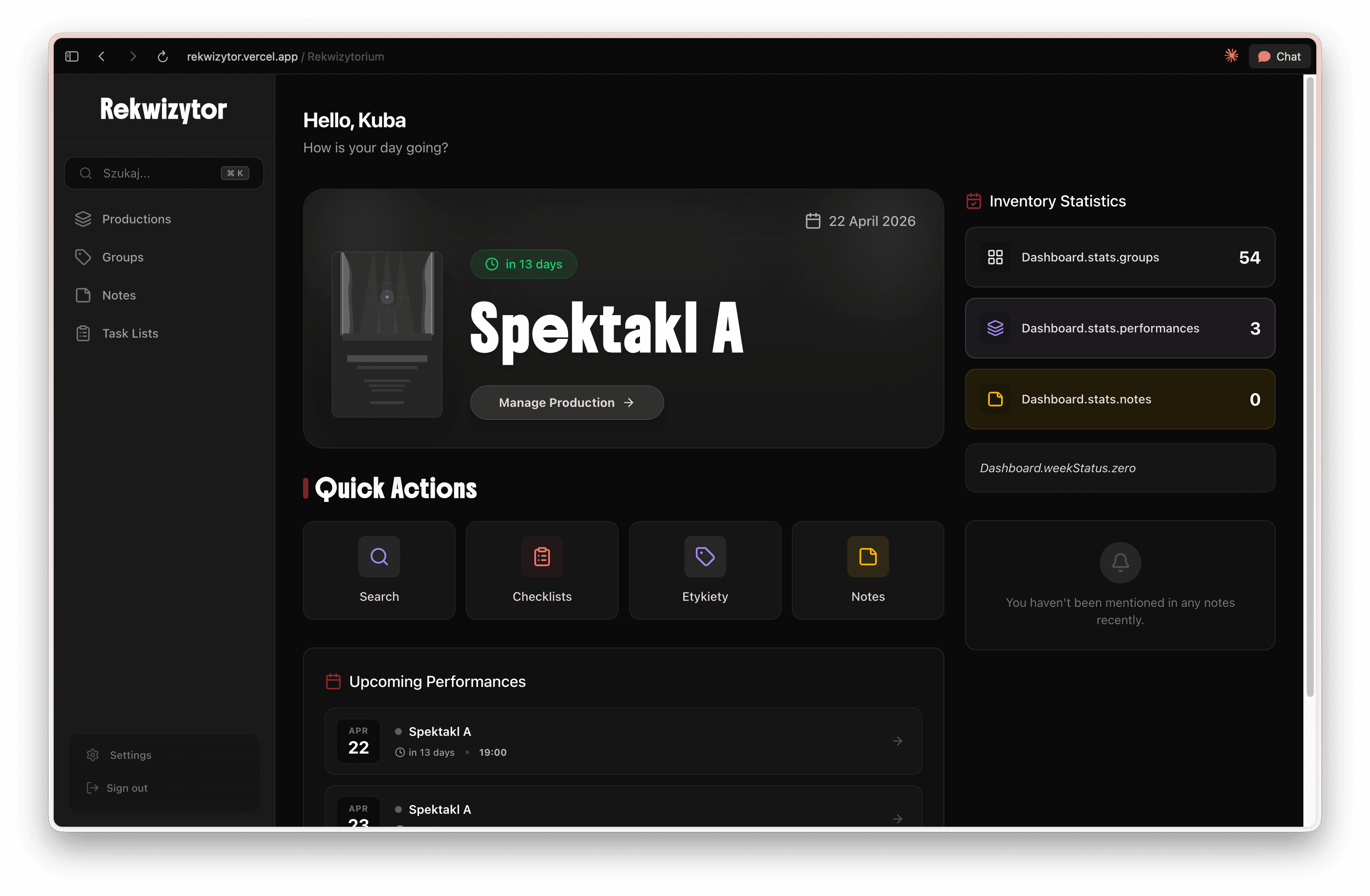 Rekwizytor — home screen with production list