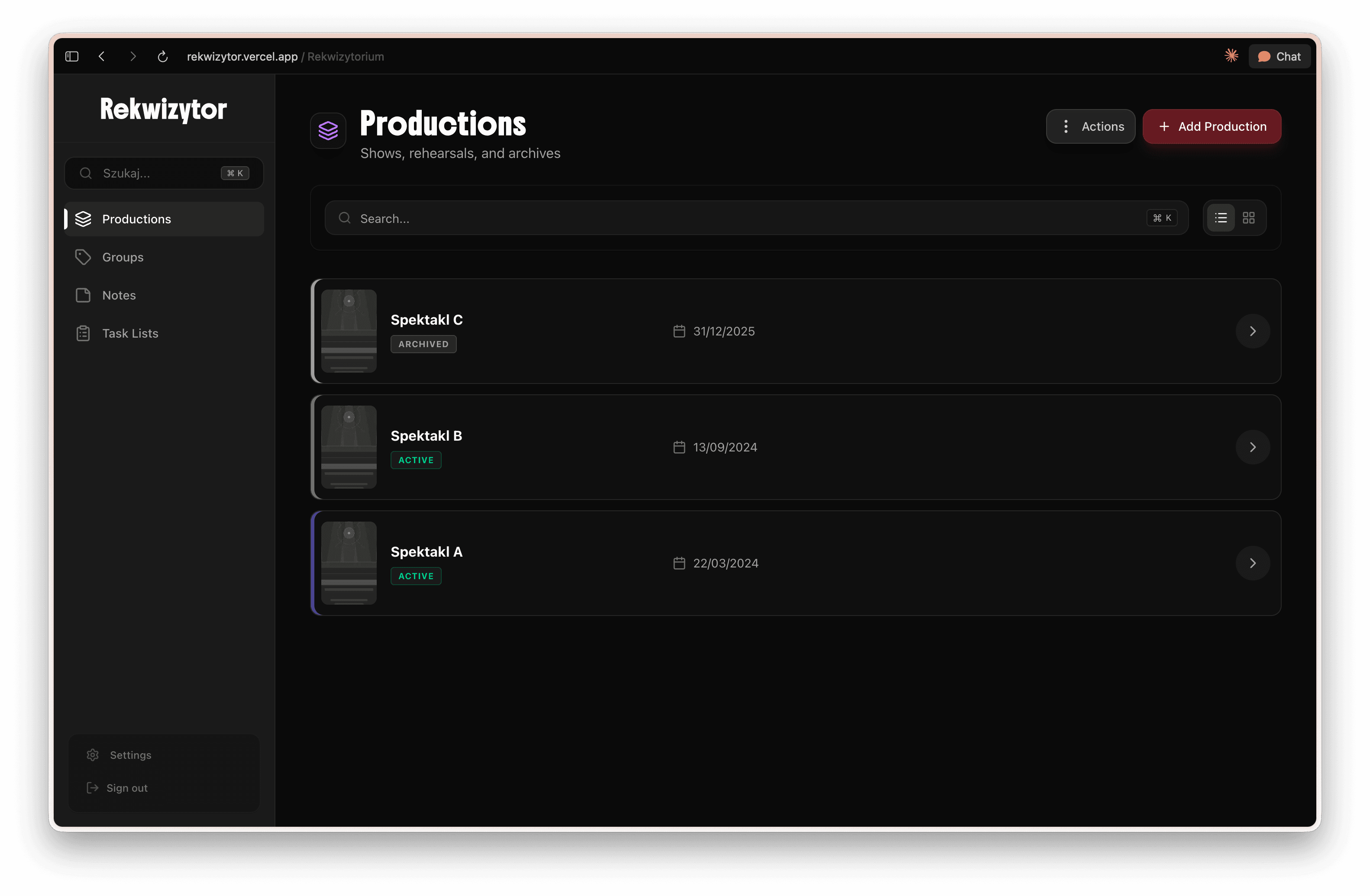 Production list view